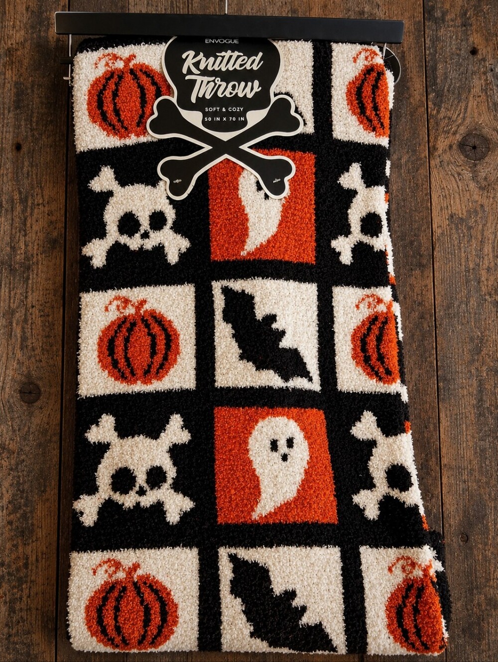 Halloween Knitted Throw Blanket - Black, Checkerboard Ghost , Checkered Ghost